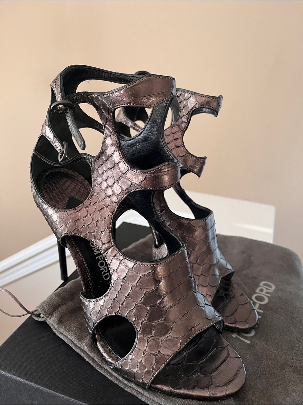 Tom Ford Metallic Bronze Cutout Stiletto Sandals